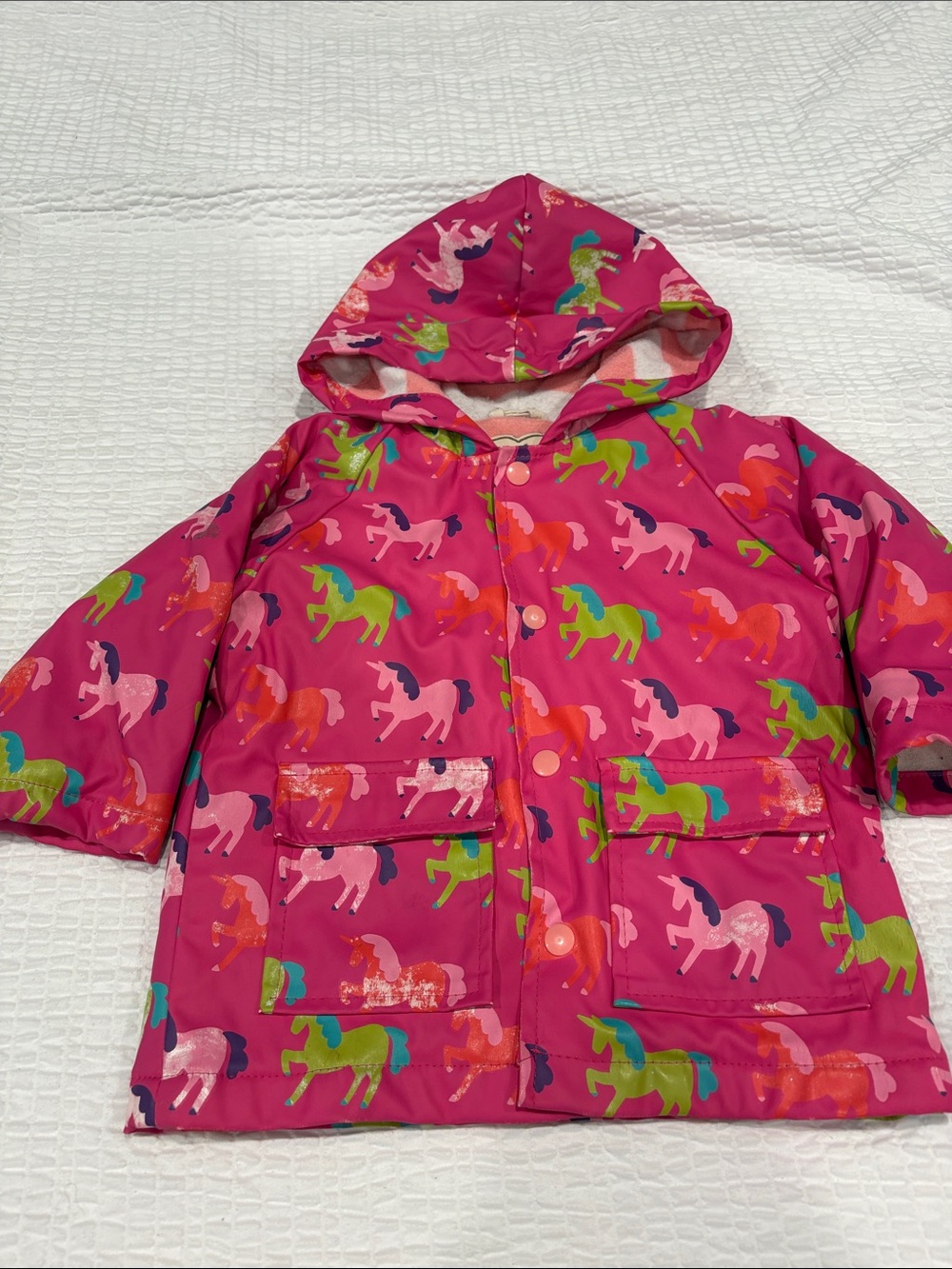 Hatley Girls' Hooded Rain Jacket - Bright Pink Unicorn Print
Size 18-24 months